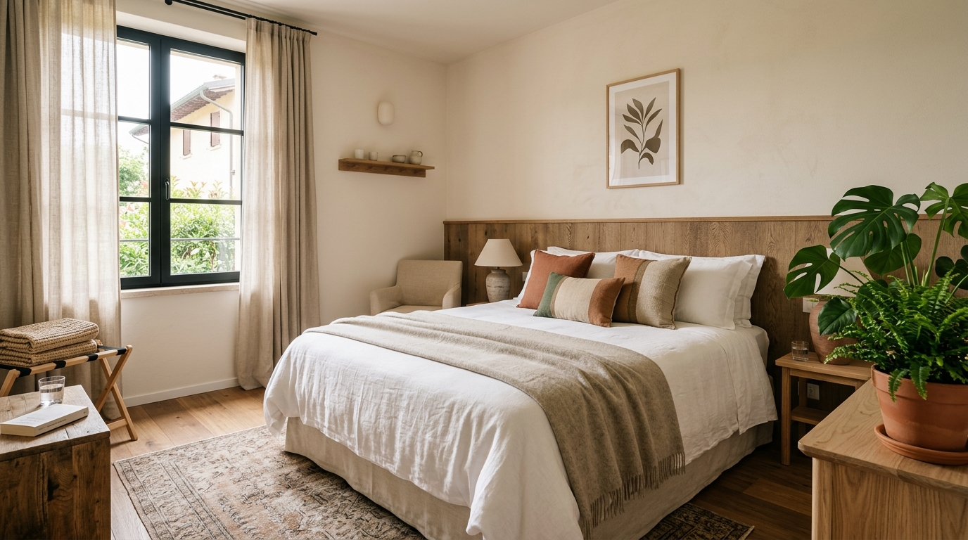 Interno accogliente e ben illuminato di una camera d'albergo o B&B con arredi moderni (immagine illustrativa).