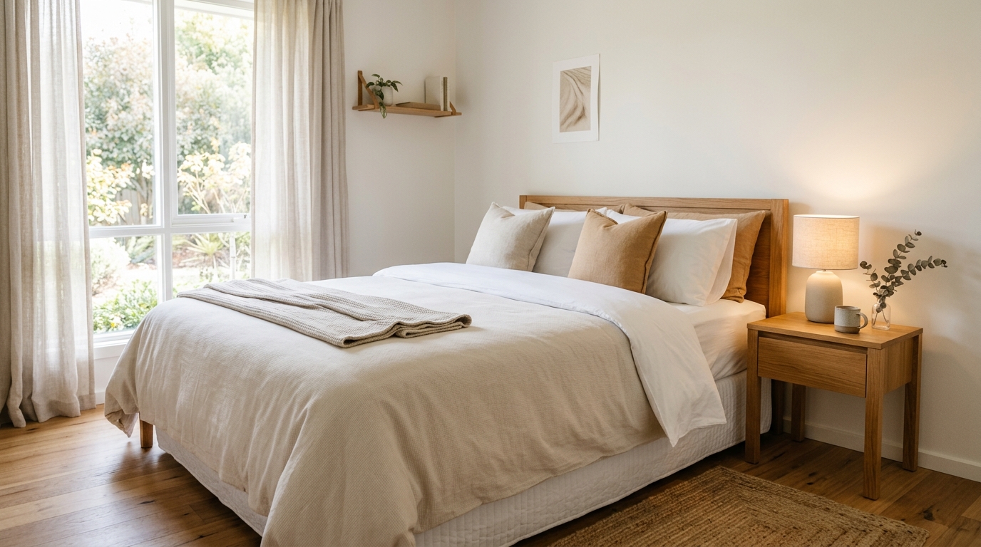 Interno accogliente di una camera da letto per affittacamere con arredi in legno e luce naturale - immagine illustrativa