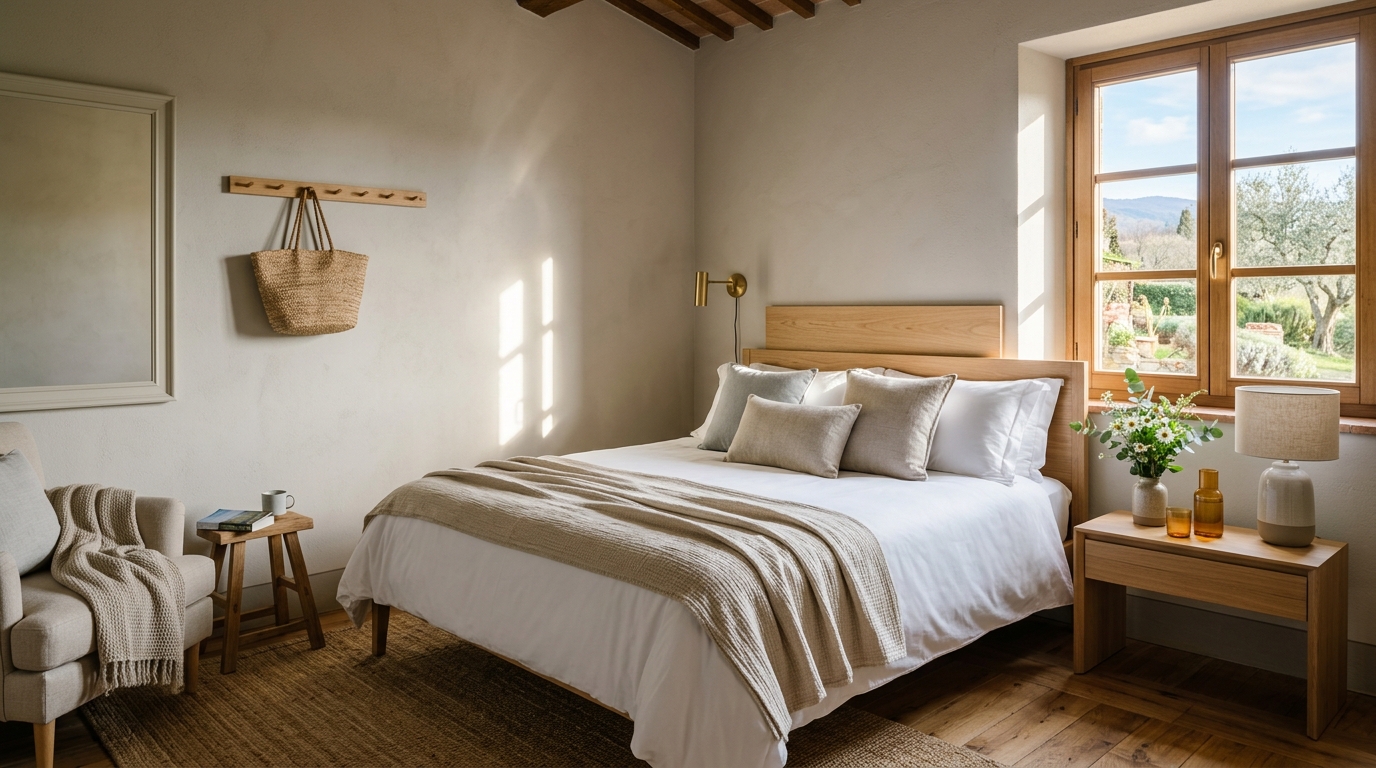 Immagine illustrativa che mostra l'interno accogliente e luminoso di una camera per B&B arredata con cura.