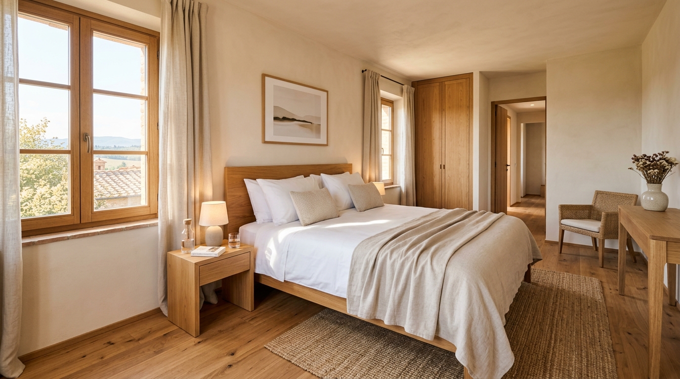 Interno accogliente e ben illuminato di una camera da letto per affittacamere, immagine a scopo illustrativo.