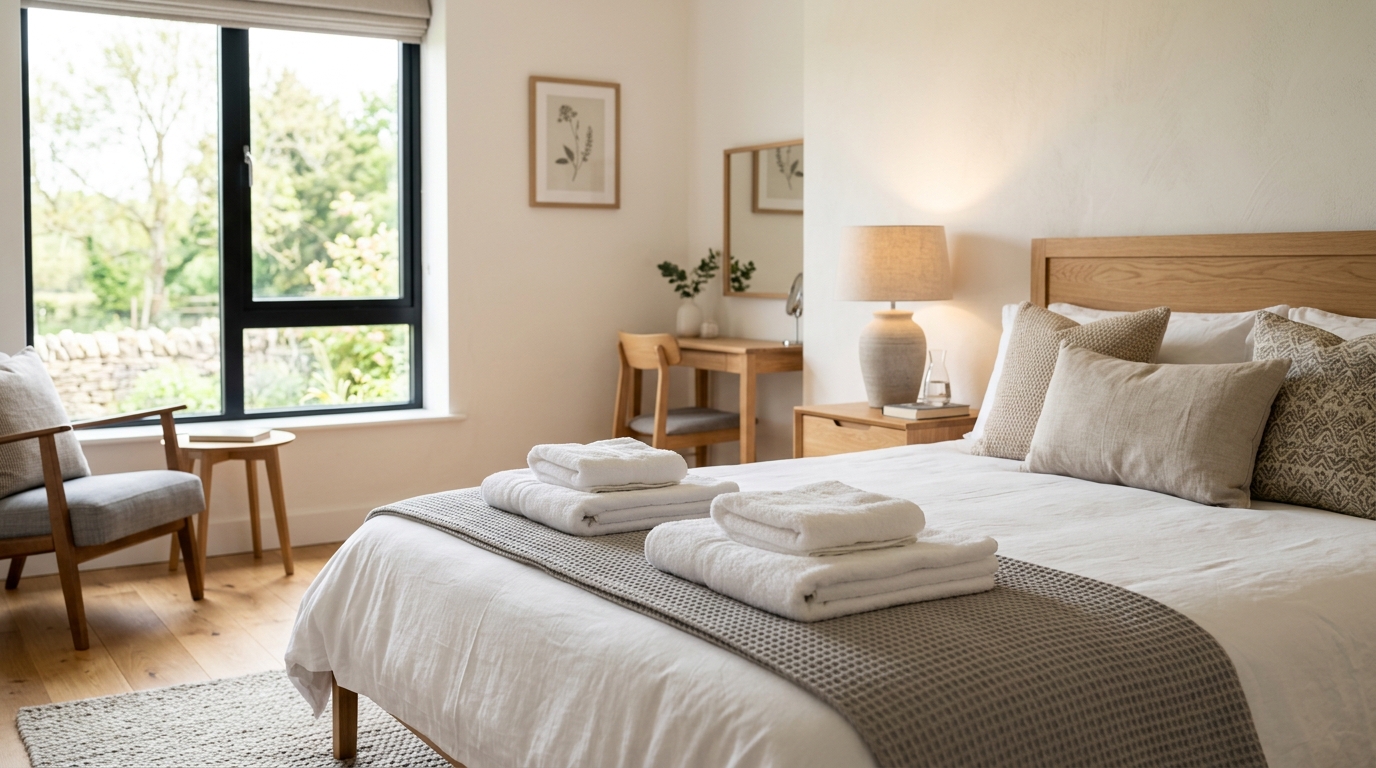 Camera da letto ordinata e luminosa di una struttura ricettiva con asciugamani puliti sul letto - Immagine illustrativa