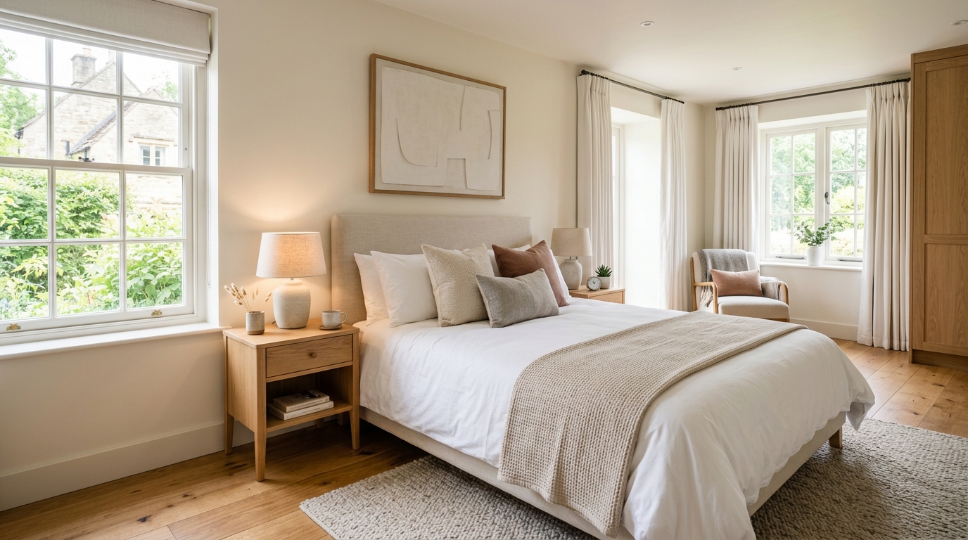 Interno accogliente e ben illuminato di una camera da letto per affittacamere (immagine illustrativa).