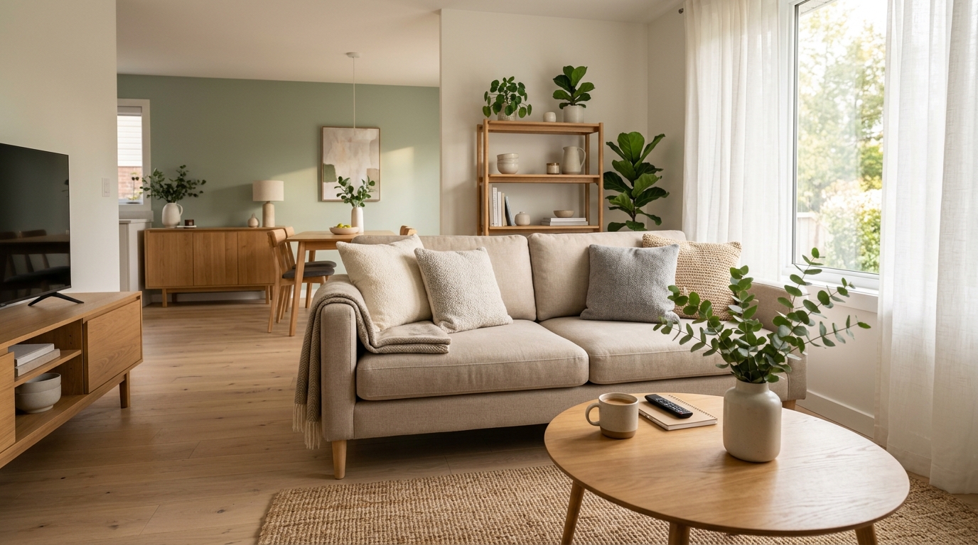 Interno accogliente e luminoso di una casa vacanze arredata con gusto, immagine illustrativa.