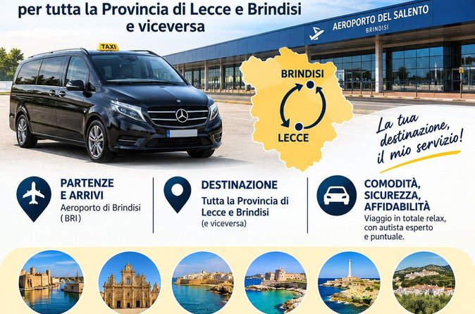 Taxi trasfer Aeroporto Brindisi per Lecce destinazioni fino 100km